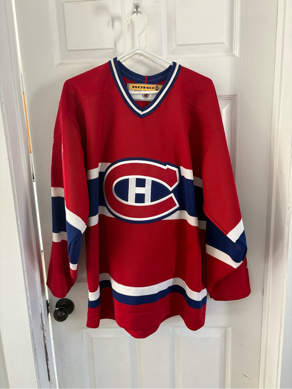 KOHO Men’s Red V-Neck Hockey Sweater with Navy and White Stripes